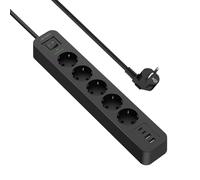 JSVER Regleta USB Proteccion Sobretension con 5 Toma de Corriente y 4 USB Puertos(5V3,4A) Estación de Carga Inteligente USB Tomas Alargadora con Cable 2m-Negro