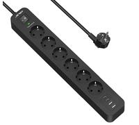 JSVER Regleta USB Proteccion Sobretension con 6 Toma de Corriente y 4 USB Puertos(5V3,4A) USB Estación de Carga Inteligente USB Tomas Alargadora con Cable 2m-Negro