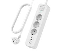 JSVER Regletas Enchufes, Regleta USB C con 3 Tomas AC y 4 USB Enchufe Multiple, 3680W/16A, Proteccion Sobretension, 2M Regreltas con Interruptor para Mesa, Oficia, Casa-Blanco