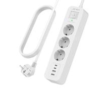 JSVER Regletas USB C con Cable 3M, Regleta Enchufes con 3 Tomas AC y 2 Type C y 2 A, 3680W/16A, Proteccion Sobretension con Interruptor para Mesa, Oficia, Casa-Blanco