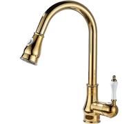 JT2D-Grifos de Cocina Retro Vintage con Rociador Extraíble Caño Giratorio de Un Orificio de Mezclador de Fregadero Mm Monomando Agua Fría y Caliente Color Dorado Grifo de Cocina Fregadero Mm