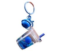 JTDZ Bonito llavero flotante de té con leche y frutas de arándanos, llavero creativo líquido de arena movediza, llavero para llaves de coche, colgante para mujeres y niñas