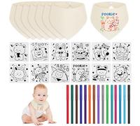 JTgugu 8 baberos triangulares para bebé, baberos para pintar, color blanco, de algodón, con 12 plantillas de pintura y 15 lápices textiles, tela impermeable, para fiestas de bebés, regalo para niños y