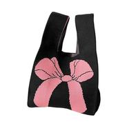 JTKSSCS Bolso de Mano de Nudo Bolso de punto hecho a mano, bolso de mano informal reutilizable con pajarita y nudo, bolso de compras de moda, 20x36cm(Black-pink)