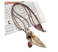 JTKSSCS Collar Largo Mujer Collar con colgante de hoja pluma, estilo étnico vintage, doble capa, cadena larga cera(Color 01)