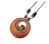 JTKSSCS Collar Largo Mujer Collar con colgante de madera redondo hojas étnicas vintage for mujer y hombre, cadena flores retro, joyería(Color6)