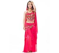 JTKSSCS Traje Danza Oriental Conjunto de Disfraz de 2/3/5 Piezas, Velo for Danza del Vientre, Monedas Superiores, Bufanda a la Cadera, Falda, Disfraz de Danza del Vientre for Mujer(Rose Red,5-Pieces)