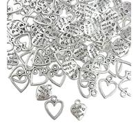 JTMKYO 100 piezas de colgante de corazón plateado con agujeros para manualidades, accesorios de grabado retro de metal, adecuados para la fabricación de pulseras y collares, 1,2*1,4cm, Plata, No es