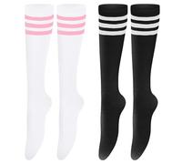 JTMKYO 2 Pares de Calcetines Hasta la Rodilla a Rayas, Medias Blancas y Negras para Botas, 3 Medias Altas para Niñas, Talla M-L