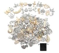 JTMKYO Juego de 150 colgantes de metal con 1 bolsa de franela, colgante para pulsera, mini colgante para pendientes, fabricación de joyas (oro, plata), 15-25 mm, Acero aleado