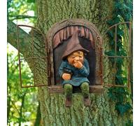 JTZXJJX Figura de gnomo de jardín de hadas de 7.1 pulgadas, figura de gnomo de resina colgante, escultura de árbol caprichosa, estatua de mirador de jardín, decoración ideal para patio, césped, porche