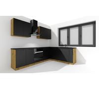 JUANIO Cocina Esquinera Completa ISYA 9 Elementos Color Negro/Roble Artesano - Longitud 200/260 cm