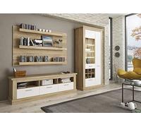 JUANIO Conjunto de Salón, Mueble TV + 3 Estantes Pared + Vitrina Color Roble Cambrian/Blanco