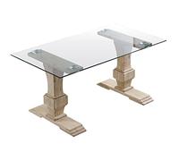JUANIO Mesa de Comedor Rectangular en Cristal Templado con Patas de Madera de Roble Tallado - Longitud 160 x Profundidad 90 x Altura 76 cm