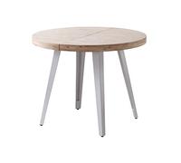 JUANIO Mesa de Comedor Redonda Extensible de Madera Color Roble nórdico Patas Blancas - Diámetro 100-180 x Altura 76 cm