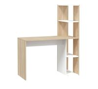 JUANIO Mesa de Oficina, Mueble Escritorio Reversible con Estante de Madera Color Blanco Artik, Roble Canadiense - Altura 136 x Longitud 110 x Profundidad 52 cm