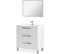 JUANIO Mueble de Baño o Aseo con Patas, 3 Cajones y Espejo, Acabado en Blanco Brillo - Dim: 80 cm (Ancho) x 86 cm (Alto) x 45 cm (Fondo)