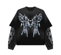 Juankrynord Camiseta con patrón de rapero para hombre Y2K Falso dos Emo Grunge 2000s Vintage Camiseta de manga larga Harajuku Street Patrón de gran tamaño Vintage Top (Negro Azul,X l)