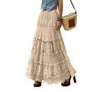Juankrynord Falda larga bohemia con flecos y cintura alta de encaje floral occidental para mujer falda larga hippie con flecos y encaje de línea A para niñas (Light Khaki,Talla única)