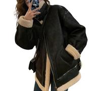 Juankrynord Las mujeres de invierno de gran tamaño sherpa forro polar chaqueta casual retro cremallera de pie cuello biker chaqueta corta (Negro,M)