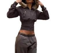 Juankrynord Moda de Primavera para Mujer Sudadera Ajustada y Corta con Cuello de Piel Oversize Estilo Preppy Y2K Cárdigan Gótico Casual con Cremallera para Fiestas | Estilo Retro Urbano (Marrón,XL)