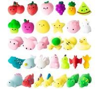 JUAUO 32Pcs Mini Squishy Kawaii Squishys Lindos Juguete Antiestrés, Squeeze Toys Juguete de Silicona Dinosaurio Animales Frutas, Regalos Cumpleaños para Niños Colegio Premios Relleno de Piñatas
