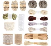 Jubaopen 16PCS Yute Cinta para Manualidades Hilo de Algodón Blanco Cinta de Encaje Cuerda de Papel Yute Rollo Cinta Arpillera Yute con Hojas Bramante para Jardinería Arte Floral Regalos(14Tipos)