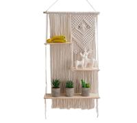 Jubepk Boho Wall Shelf, Rope Plant Shelf, Macrame Wall Hanging, Decorative Storage Shelves, Boho Cotton Rope Plant Shelf with Three Tiers For Kitchen, Bathroom, and Bedroom Decoration