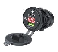 Jubilofex Cargador de puerto de coche | Adaptador de coche - Portátil con voltímetro y PD QC Enchufe para viajes Camiones Autos Camping Viajes y Vehículos