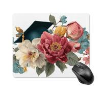 Jubonexis Alfombrilla de mouse para computadora de oficina pequeña con diseño de flores y una gorra de graduación, alfombrilla de mouse para computadora portátil con base de goma antideslizante