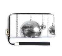 Jubonexis Billetera larga plegable de piel sintética con superficie de espejo, diseño de bola de discoteca plateada, monedero, funda para tarjetas de crédito, almacenamiento de dinero duradero para