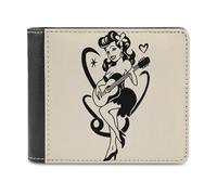 Jubonexis Billetera plegable de piel sintética suave con diseño vintage de mujer tocando la guitarra, monedero, funda para tarjetas de crédito, tarjetero duradero, billetera delgada para hombres y