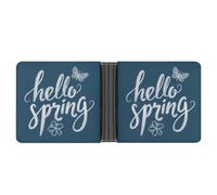 Jubonexis Bonitas palabras dibujadas a mano Hello Spring on Blue Soft PU Leather Bifold Wallet, monedero, funda para tarjetas de crédito, tarjetero duradero, billetera delgada para hombres y mujeres