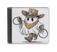 Jubonexis Bonito fantasma con sombrero de vaquero marrón, cartera plegable de piel sintética suave, monedero, funda para tarjetas de crédito, tarjetero duradero, billetera delgada para hombres y