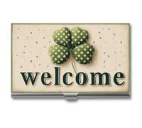 Jubonexis Bonito soporte para tarjetas de visita del día de San Patricio, diseño de trébol de lunares, bolsillo delgado de metal para mujeres y hombres