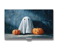 Jubonexis Bonito soporte para tarjetas de visita espeluznante de calabazas talladas de fantasma, bolsillo delgado de metal para mujeres y hombres
