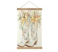 Jubonexis Botas de vaquera blancas con flores de primavera, lienzo, marco de madera, colgador de pósteres, kit de arte de pared