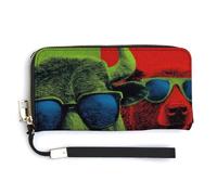 Jubonexis Bull and Bear - Cartera larga plegable de piel sintética con lentes de sol, color verde y rojo, monedero, monedero, tarjeta duradera, almacenamiento de dinero para mujeres y hombres