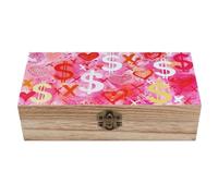 Jubonexis Caja de almacenamiento de madera abstracta con diseño de signos de dólar rosa, corazón rojo, con tapa con bisagras y cierre frontal, caja grande de recuerdo