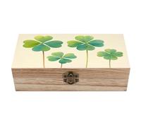 Jubonexis Caja de almacenamiento de madera vintage de tréboles de cuatro hojas con tapa con bisagras y cierre frontal, caja de recuerdo grande
