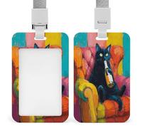 Jubonexis Caprichoso gato negro bebiendo en un sillón, soporte retráctil para tarjetas de identificación, protector de tarjetas, placa de nombre, para trabajo, oficina, médico, enfermera