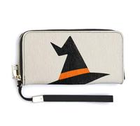 Jubonexis Cartera clásica de piel sintética con diseño de sombrero de bruja feliz de Halloween, cartera plegable larga, monedero, funda para tarjetas de crédito, almacenamiento de dinero duradero para
