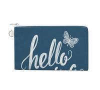 Jubonexis Cartera de lona, bonitas palabras dibujadas a mano Hello Spring en monedero con estampado azul, monedero con cremallera, pequeña bolsa de cosméticos