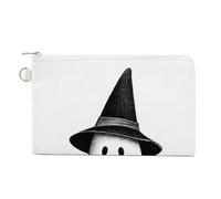 Jubonexis Cartera de lona, bonito monedero con estampado de sombrero de bruja de fantasma, monedero con cremallera, pequeña bolsa de cosméticos