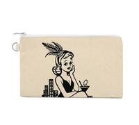 Jubonexis Cartera de lona, diseño vintage de mujer sentada en un gran monedero con estampado de cristal, monedero con cremallera, bolsa pequeña para cosméticos