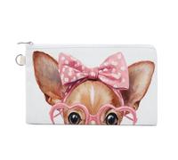 Jubonexis Cartera de lona, monedero con diseño de perro chihuahua, gafas en forma de corazón rosa, monedero con cremallera, pequeña bolsa de cosméticos