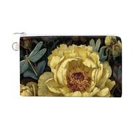 Jubonexis Cartera de lona, monedero con estampado de flores de peonía amarilla, dos libélulas, monedero con cremallera, pequeña bolsa de cosméticos