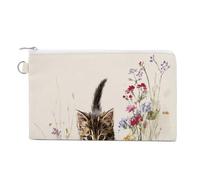 Jubonexis Cartera de lona, monedero con estampado de gatito caminando a través de flores silvestres, monedero con cremallera, pequeña bolsa de cosméticos