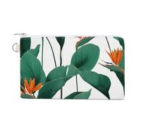 Jubonexis Cartera de lona, monedero con estampado de hojas verdes y flores naranjas, monedero con cremallera, pequeña bolsa de cosméticos