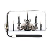 Jubonexis Cartera de piel sintética con diseño de calaveras de candelabro barroco vintage para Halloween, cartera larga y plegable, monedero para tarjetas de crédito, almacenamiento de dinero duradero